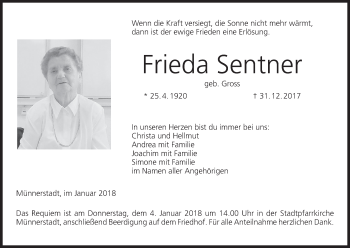 Anzeige von Frieda Sentner von MGO