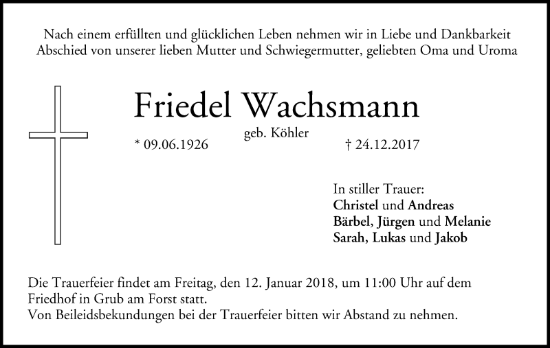  Traueranzeige für Friedel Wachsmann vom 10.01.2018 aus MGO