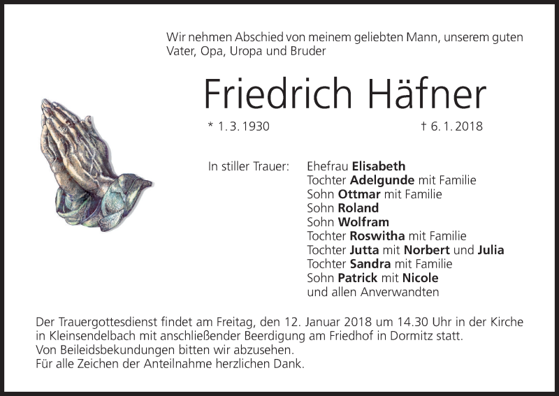  Traueranzeige für Friedrich Häfner vom 10.01.2018 aus MGO