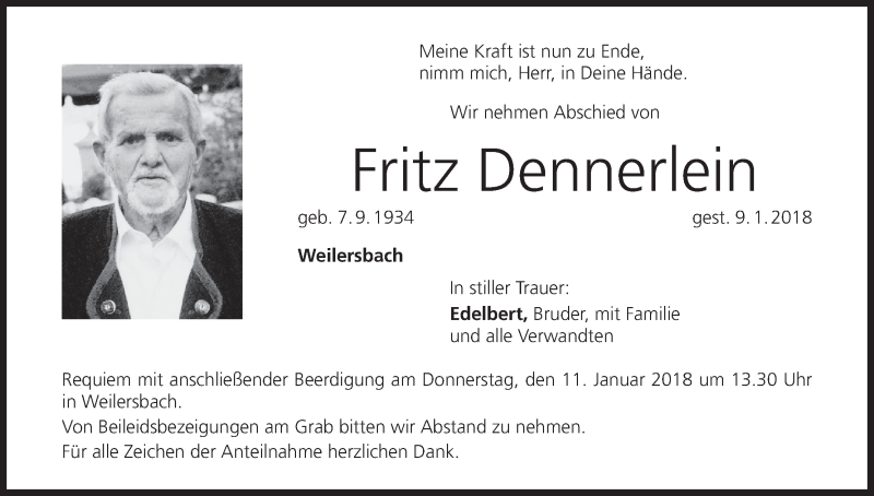  Traueranzeige für Fritz Dennerlein vom 10.01.2018 aus MGO