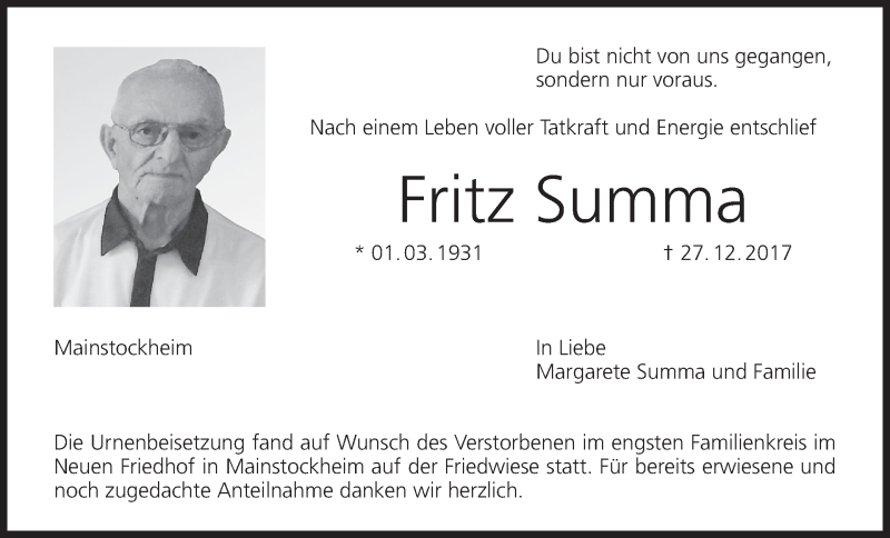  Traueranzeige für Fritz Summa vom 08.01.2018 aus MGO