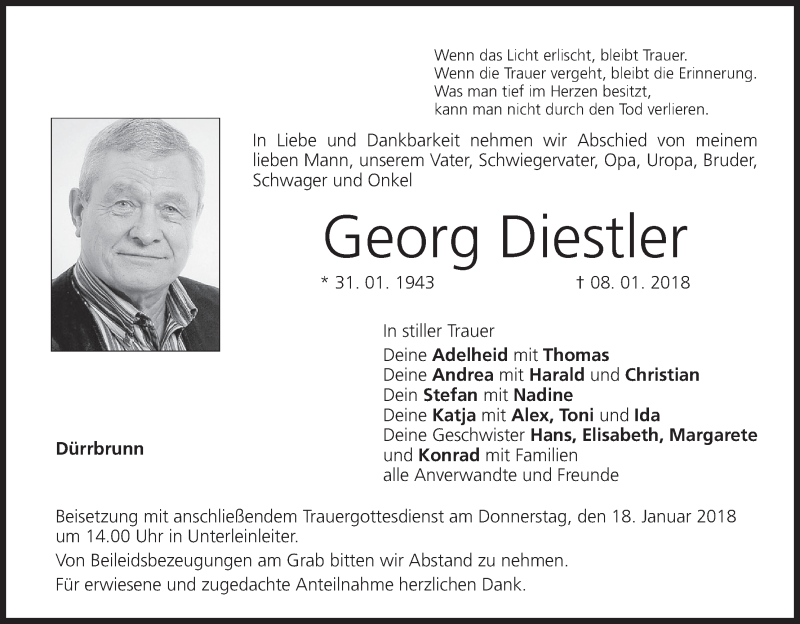  Traueranzeige für Georg Diestler vom 16.01.2018 aus MGO