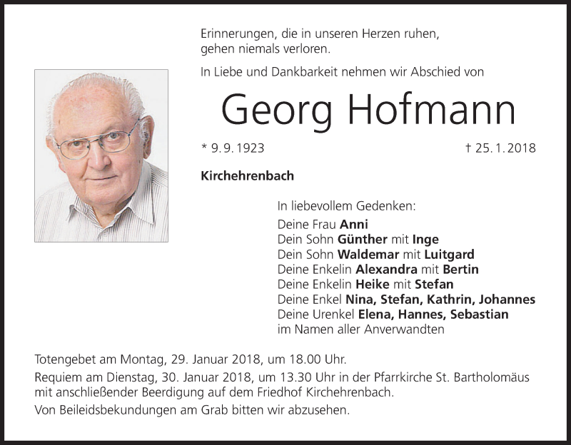  Traueranzeige für Georg Hofmann vom 27.01.2018 aus MGO