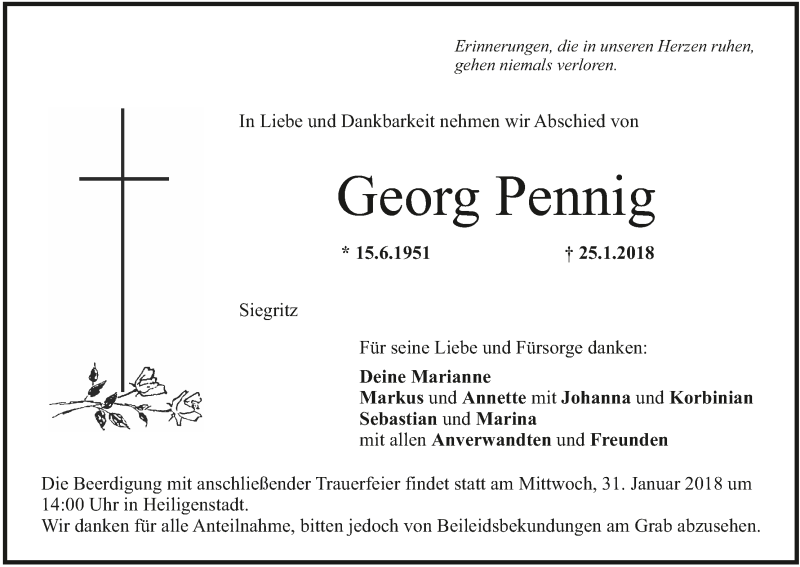  Traueranzeige für Georg Pennig vom 29.01.2018 aus MGO