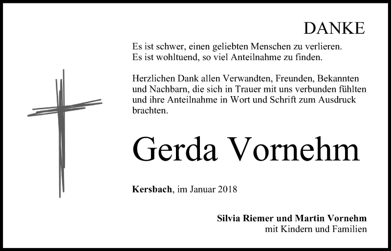  Traueranzeige für Gerda Vornehm vom 27.01.2018 aus MGO