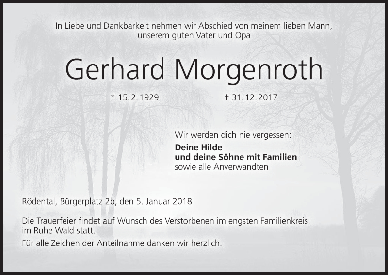  Traueranzeige für Gerhard Morgenroth vom 05.01.2018 aus MGO
