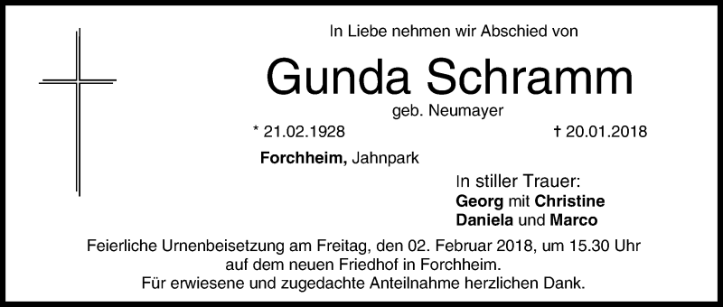  Traueranzeige für Gunda Schramm vom 27.01.2018 aus MGO