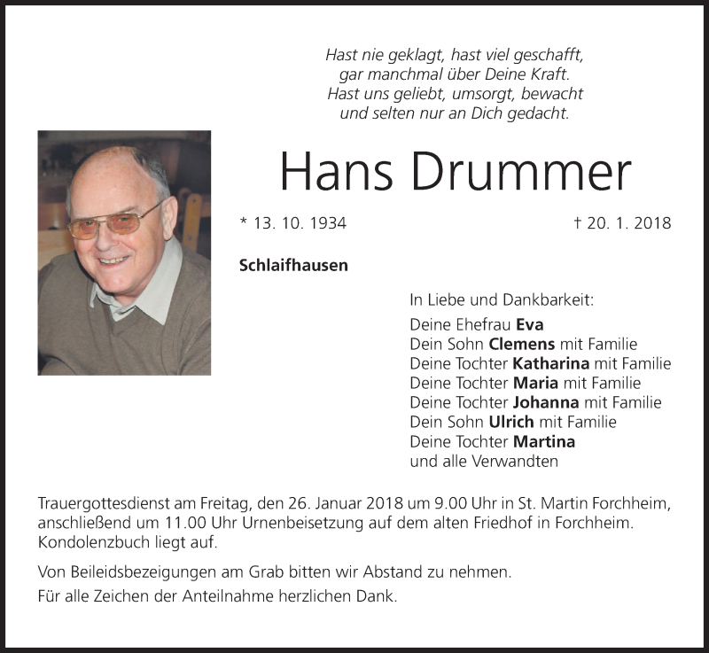  Traueranzeige für Hans Drummer vom 23.01.2018 aus MGO