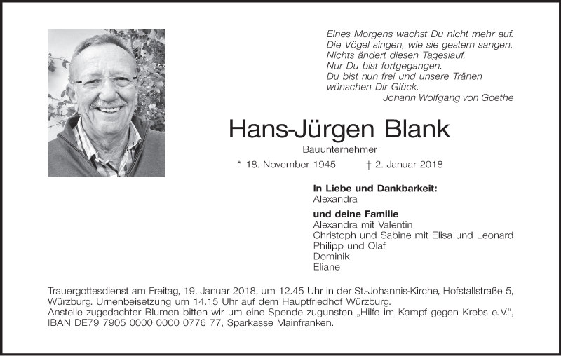  Traueranzeige für Hans-Jürgen Blank vom 13.01.2018 aus MGO