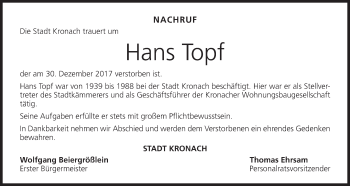 Anzeige von Hans Topf von MGO