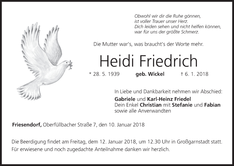  Traueranzeige für Heidi Friedrich vom 10.01.2018 aus MGO