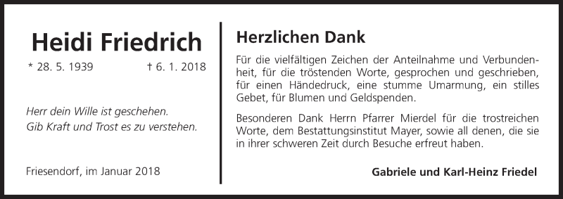  Traueranzeige für Heidi Friedrich vom 20.01.2018 aus MGO