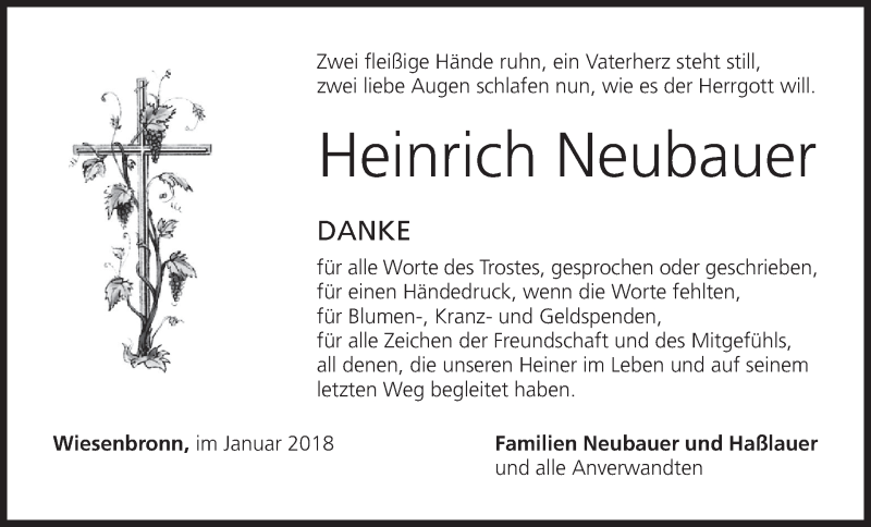  Traueranzeige für Heinrich Neubauer vom 27.01.2018 aus MGO