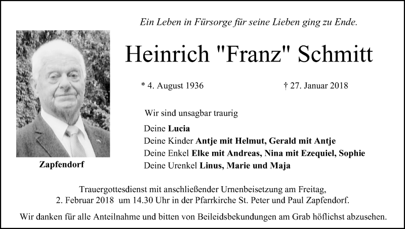  Traueranzeige für Heinrich Schmitt vom 30.01.2018 aus MGO