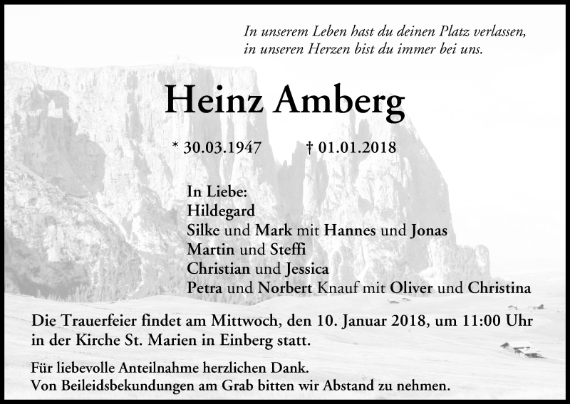  Traueranzeige für Heinz Amberg vom 05.01.2018 aus MGO