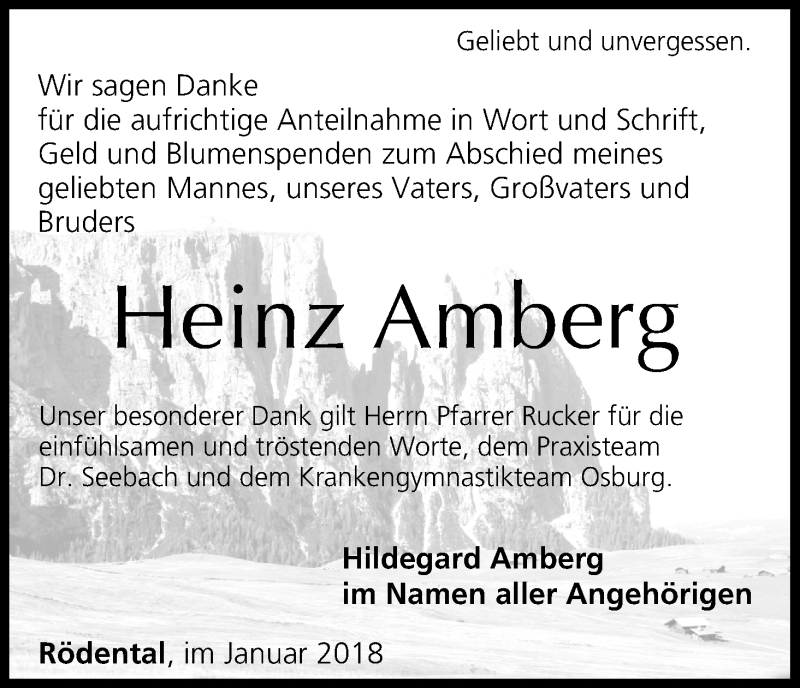  Traueranzeige für Heinz Amberg vom 20.01.2018 aus MGO