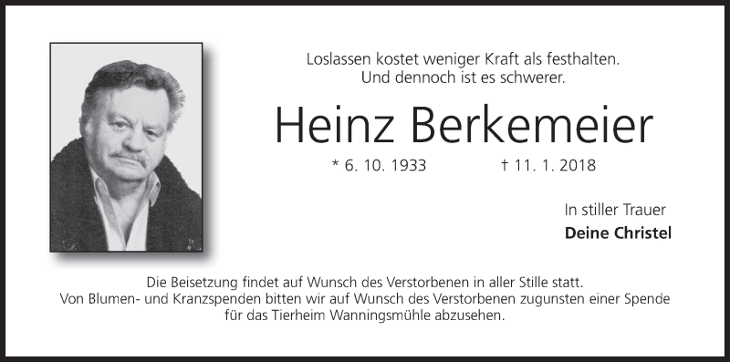  Traueranzeige für Heinz Berkemeier vom 19.01.2018 aus MGO