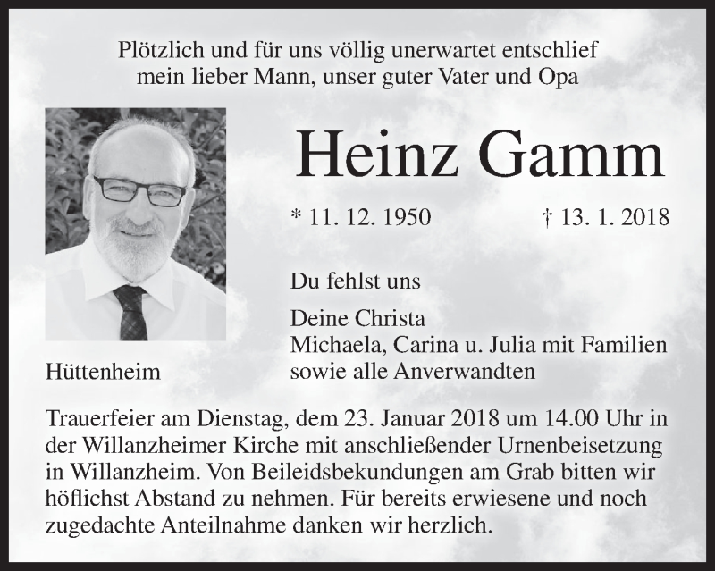  Traueranzeige für Heinz Gamm vom 19.01.2018 aus MGO