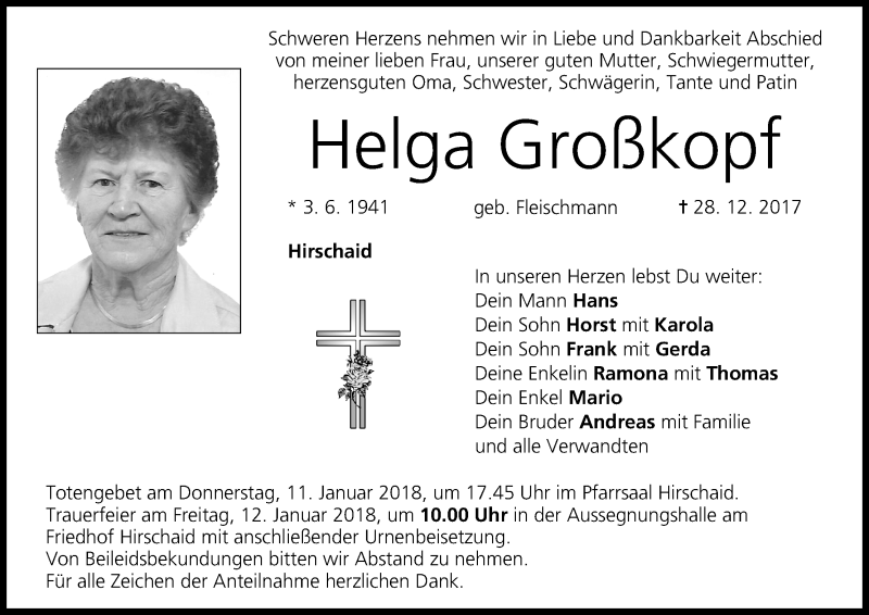  Traueranzeige für Helga Großkopf vom 08.01.2018 aus MGO
