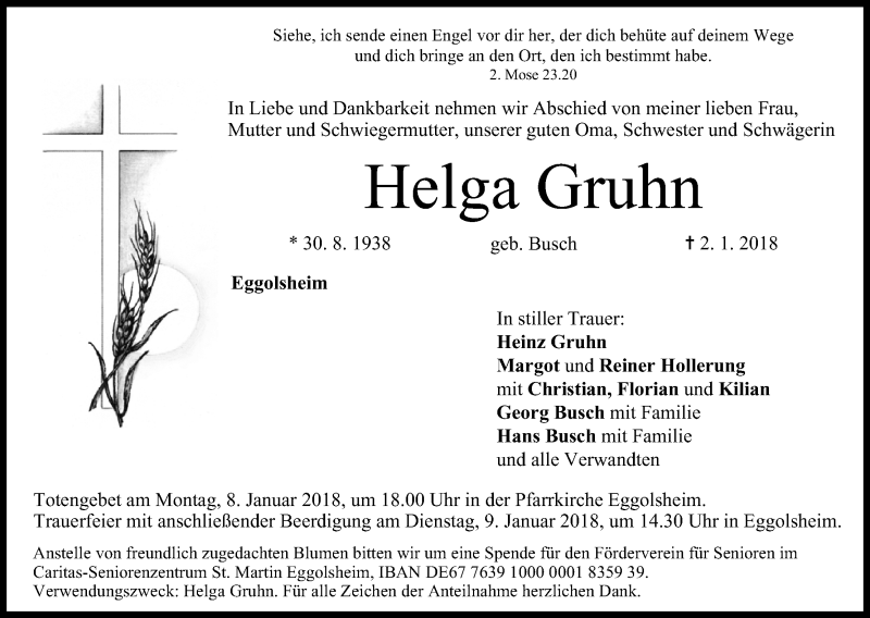  Traueranzeige für Helga Gruhn vom 08.01.2018 aus MGO