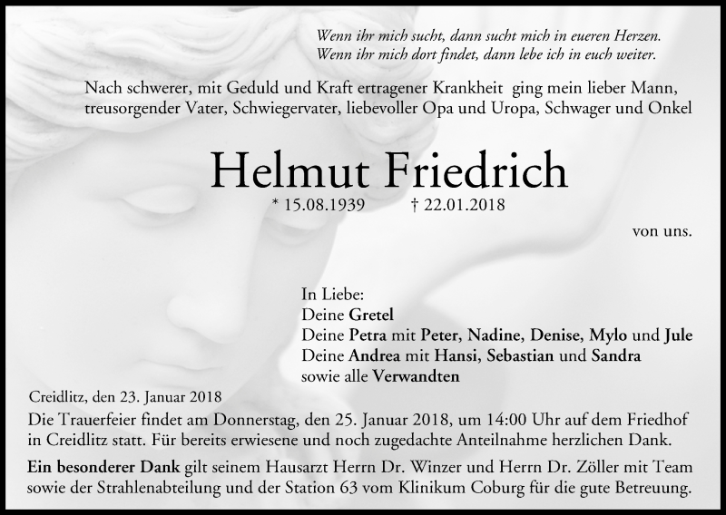  Traueranzeige für Helmut Friedrich vom 23.01.2018 aus MGO