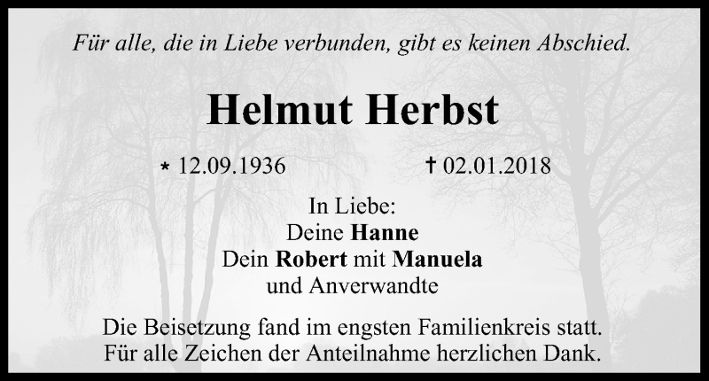  Traueranzeige für Helmut Herbst vom 20.01.2018 aus MGO