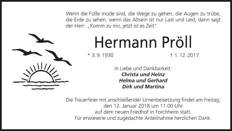  Traueranzeige für Hermann Pröll vom 10.01.2018 aus MGO