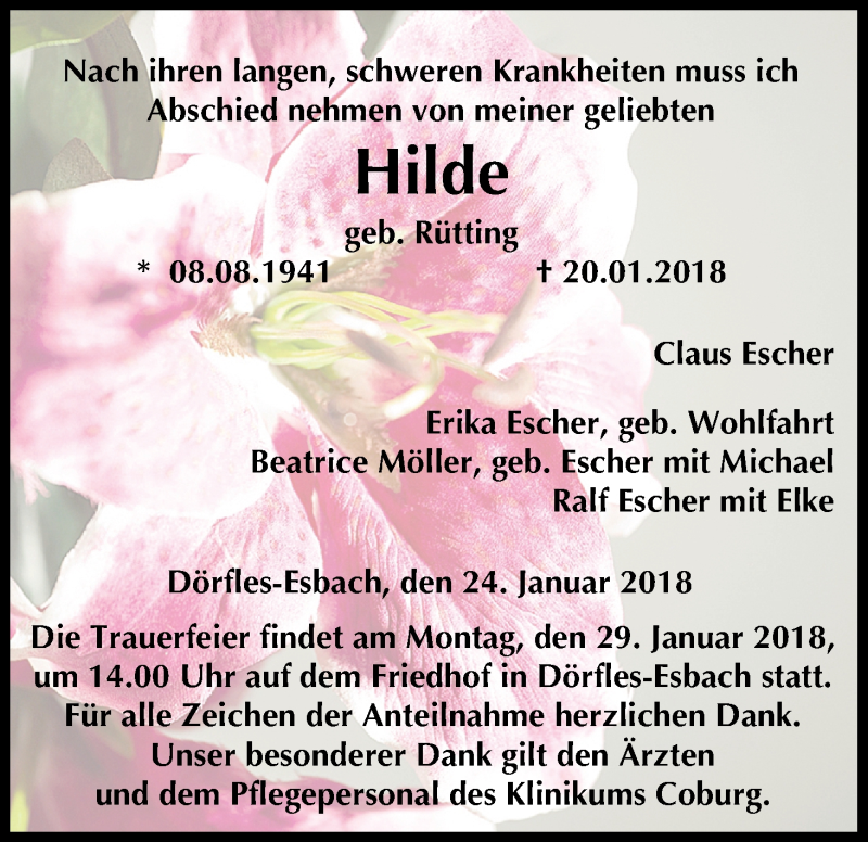  Traueranzeige für Hilde  vom 27.01.2018 aus MGO