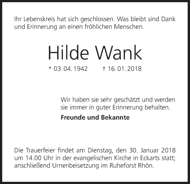  Traueranzeige für Hilde Wank vom 27.01.2018 aus MGO