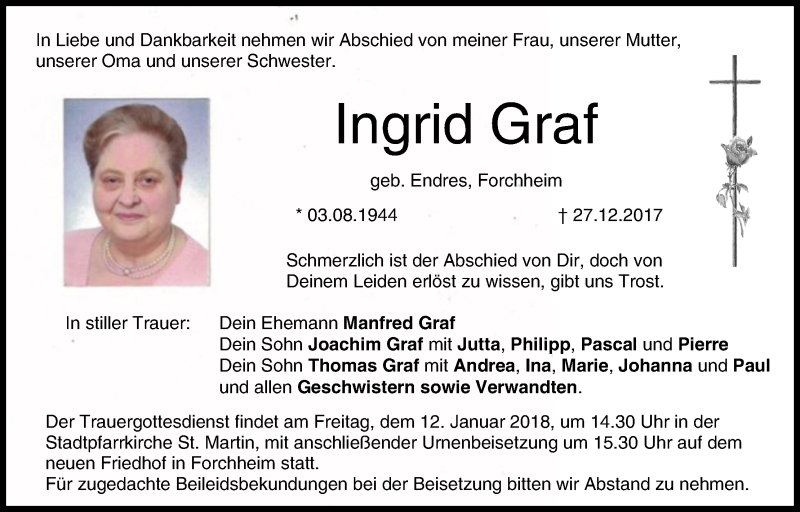  Traueranzeige für Ingrid Graf vom 05.01.2018 aus MGO