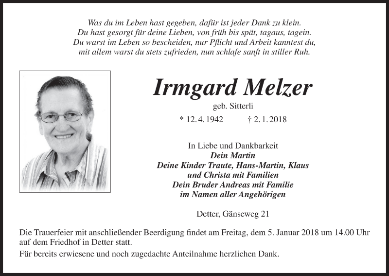  Traueranzeige für Irmgard Melzer vom 04.01.2018 aus MGO