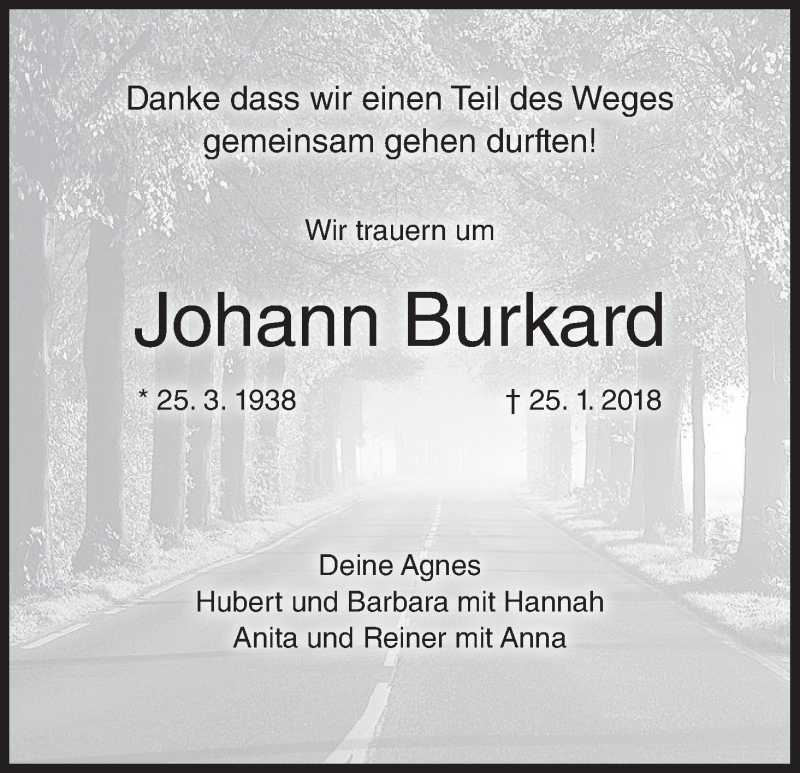  Traueranzeige für Johann Burkard vom 29.01.2018 aus MGO