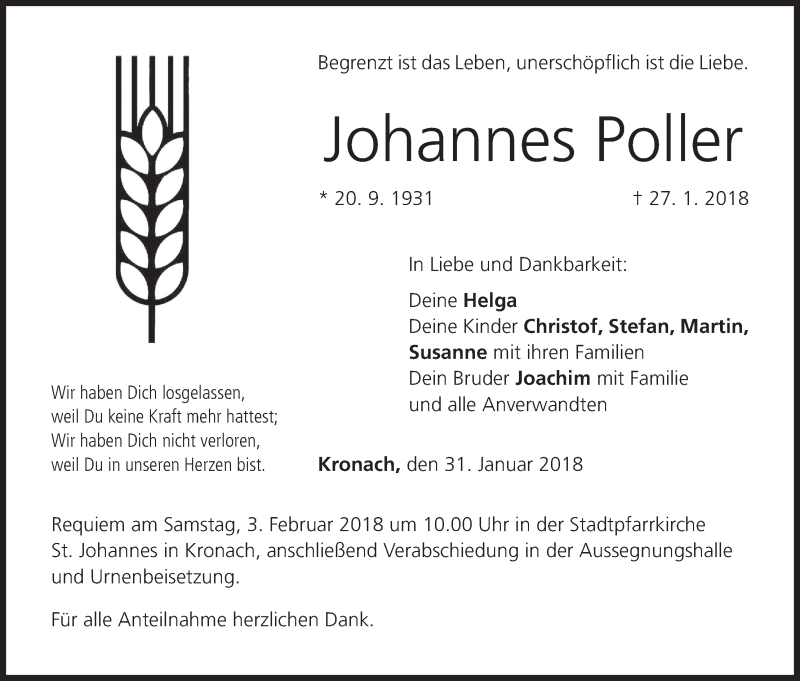  Traueranzeige für Johannes Poller vom 31.01.2018 aus MGO