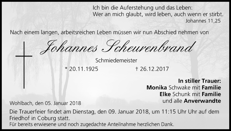  Traueranzeige für Johannes Scheurenbrand vom 05.01.2018 aus MGO
