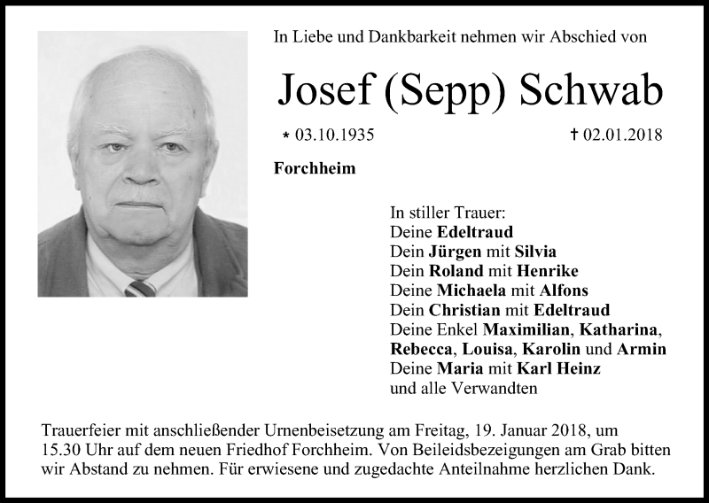  Traueranzeige für Josef Schwab vom 16.01.2018 aus MGO