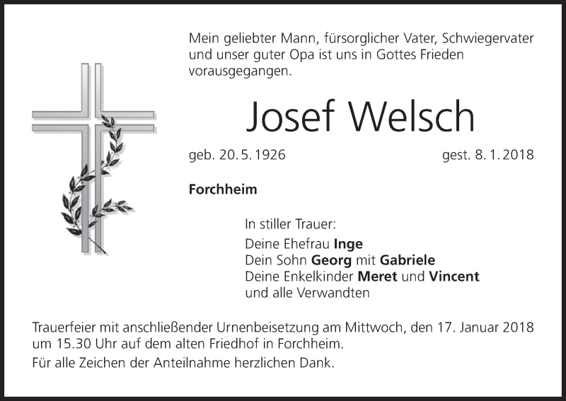  Traueranzeige für Josef Welsch vom 13.01.2018 aus MGO