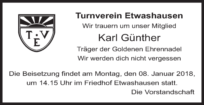  Traueranzeige für Karl Günther vom 05.01.2018 aus MGO
