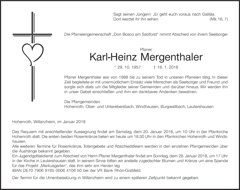  Traueranzeige für Karl-Heinz Mergenthaler vom 18.01.2018 aus MGO