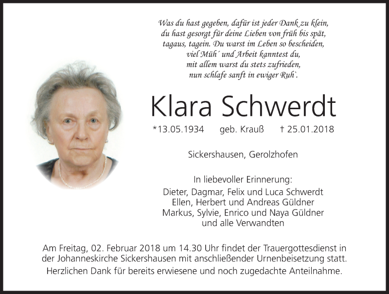  Traueranzeige für Klara Schwerdt vom 31.01.2018 aus MGO