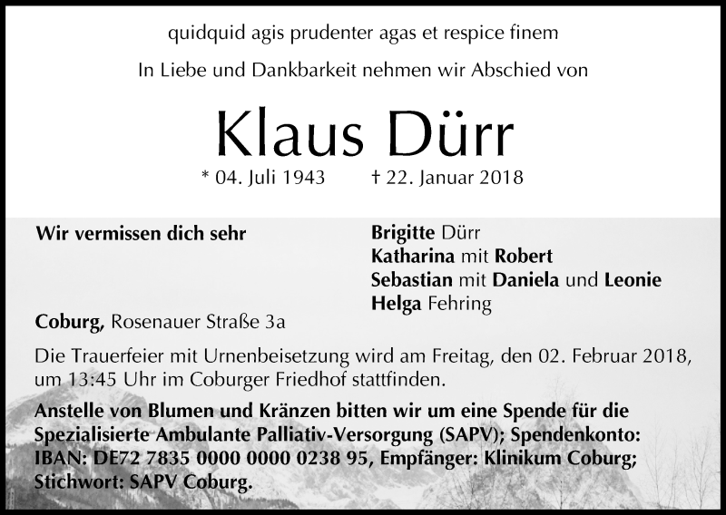  Traueranzeige für Klaus Dürr vom 27.01.2018 aus MGO