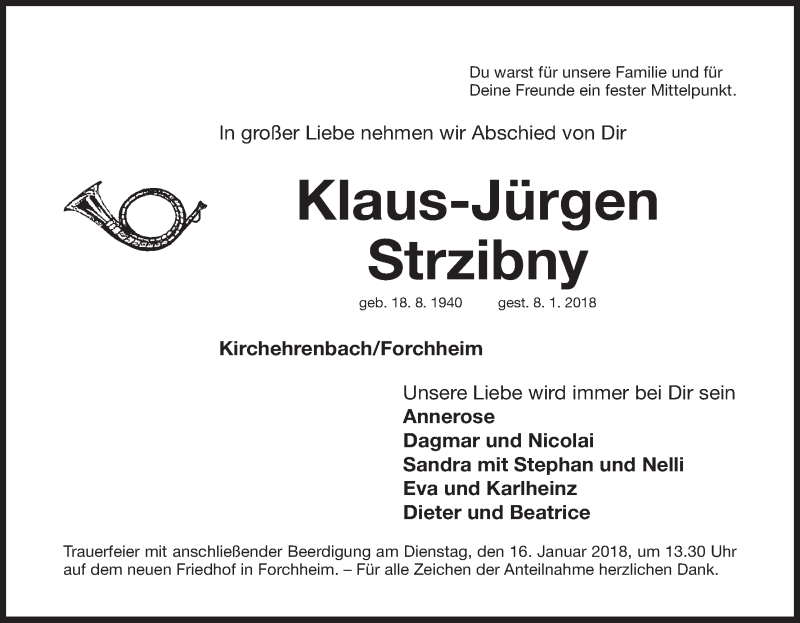  Traueranzeige für Klaus-Jürgen Strzibny vom 13.01.2018 aus MGO