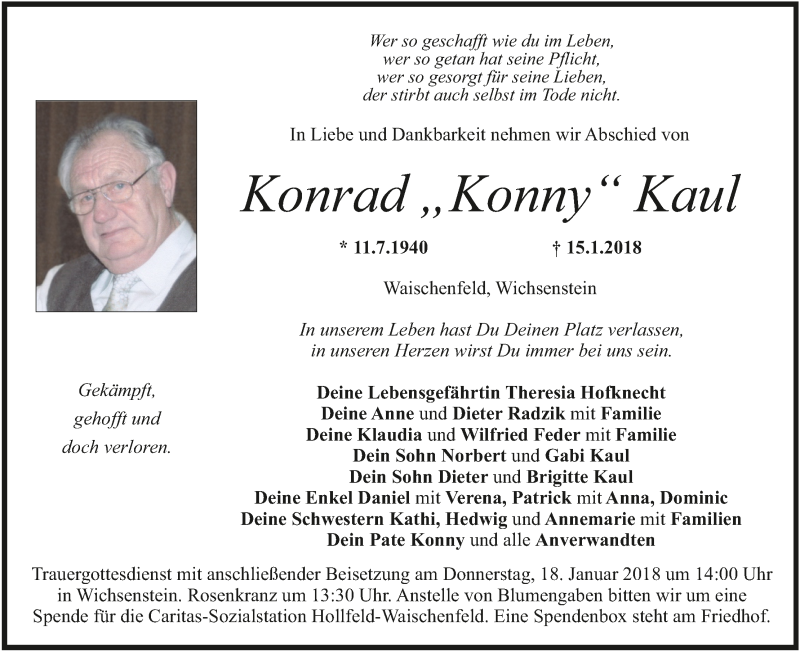  Traueranzeige für Konrad Konny Kaul vom 17.01.2018 aus MGO