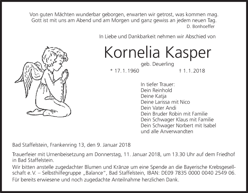  Traueranzeige für Kornelia Kasper vom 09.01.2018 aus MGO