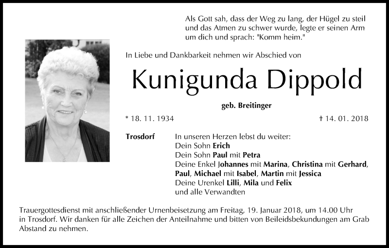  Traueranzeige für Kunigunda Dippold vom 17.01.2018 aus MGO