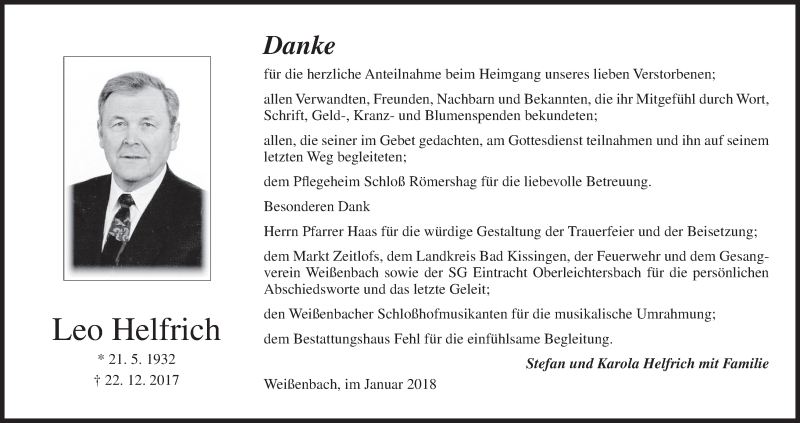  Traueranzeige für Leo Helfrich vom 13.01.2018 aus MGO