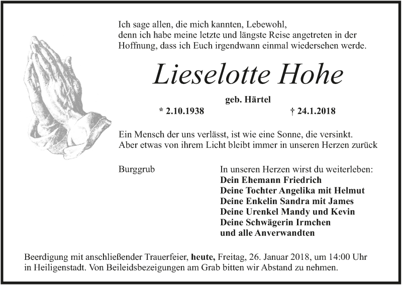  Traueranzeige für Lieselotte Hohe vom 26.01.2018 aus MGO