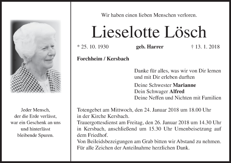  Traueranzeige für Lieselotte Lösch vom 20.01.2018 aus MGO