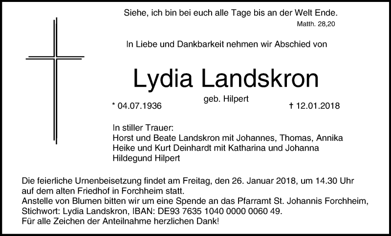 Traueranzeige für Lydia Landskron vom 20.01.2018 aus MGO