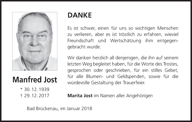  Traueranzeige für Manfred Jost vom 27.01.2018 aus MGO