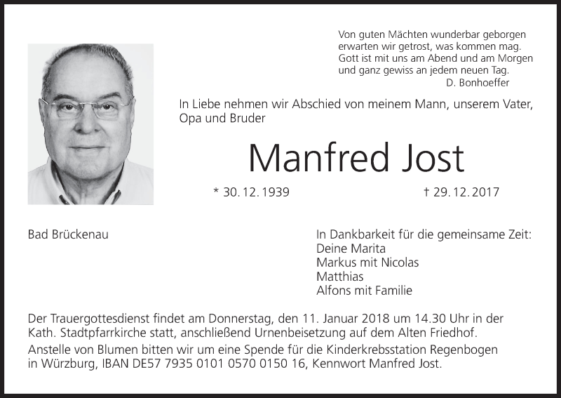  Traueranzeige für Manfred Jost vom 05.01.2018 aus MGO